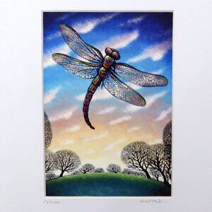 “CATHEDRAL” DRAGONFLY STAINED GLASS WINGS FRAMED SIGNED ART PRINT CHET PHILLIPS